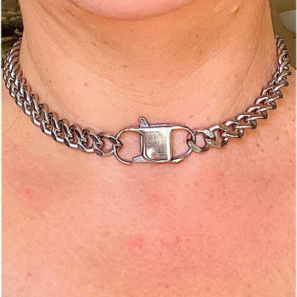 Silver Statement Cuban Chain Link Miami Safety Pin Choker Necklace - Picture 3 of 5